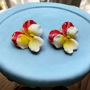 Vintage Floral Enamel Clip-On Earrings